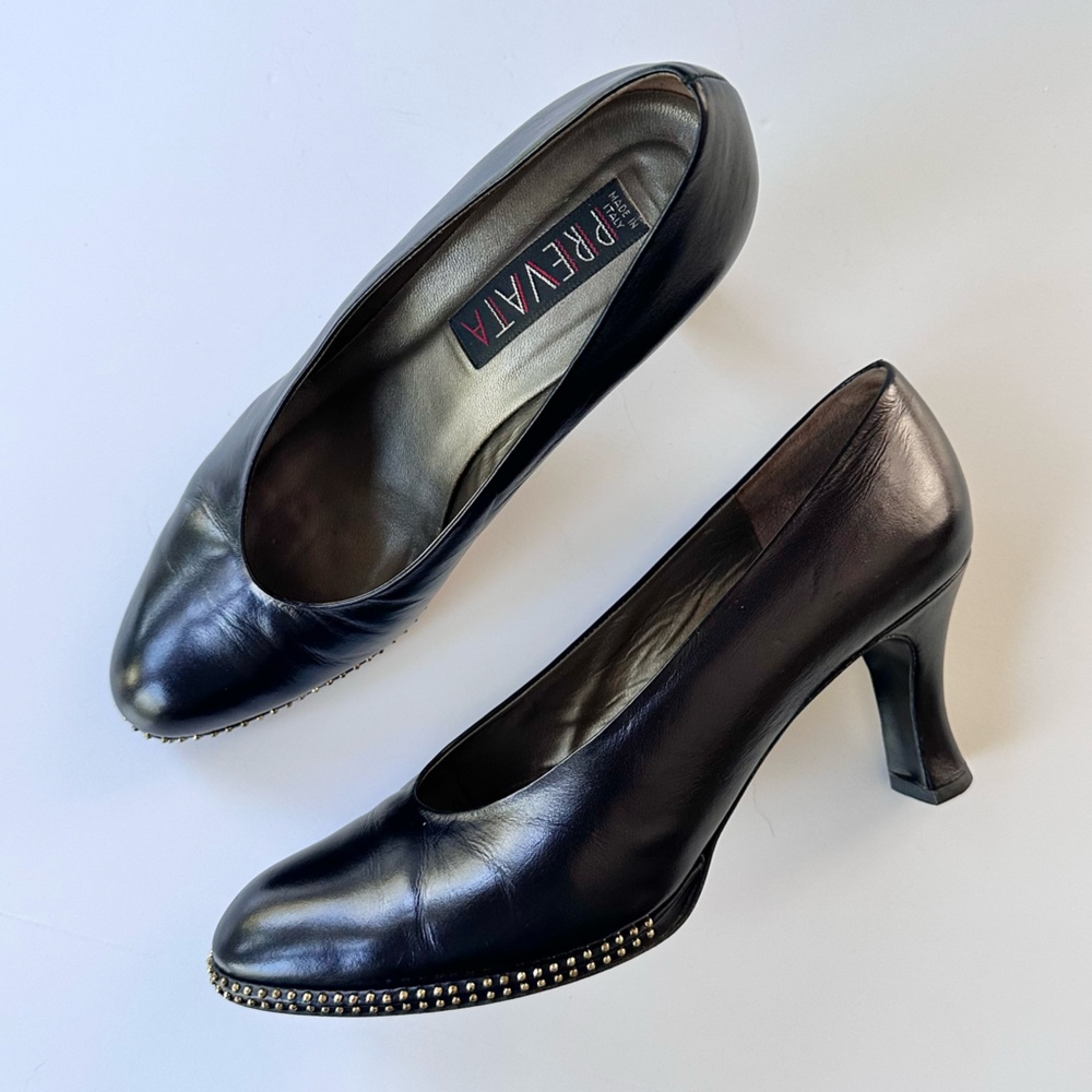 Vintage Prevata Black Leather Pumps w/ Gold Stud Detail Made in Italy 8